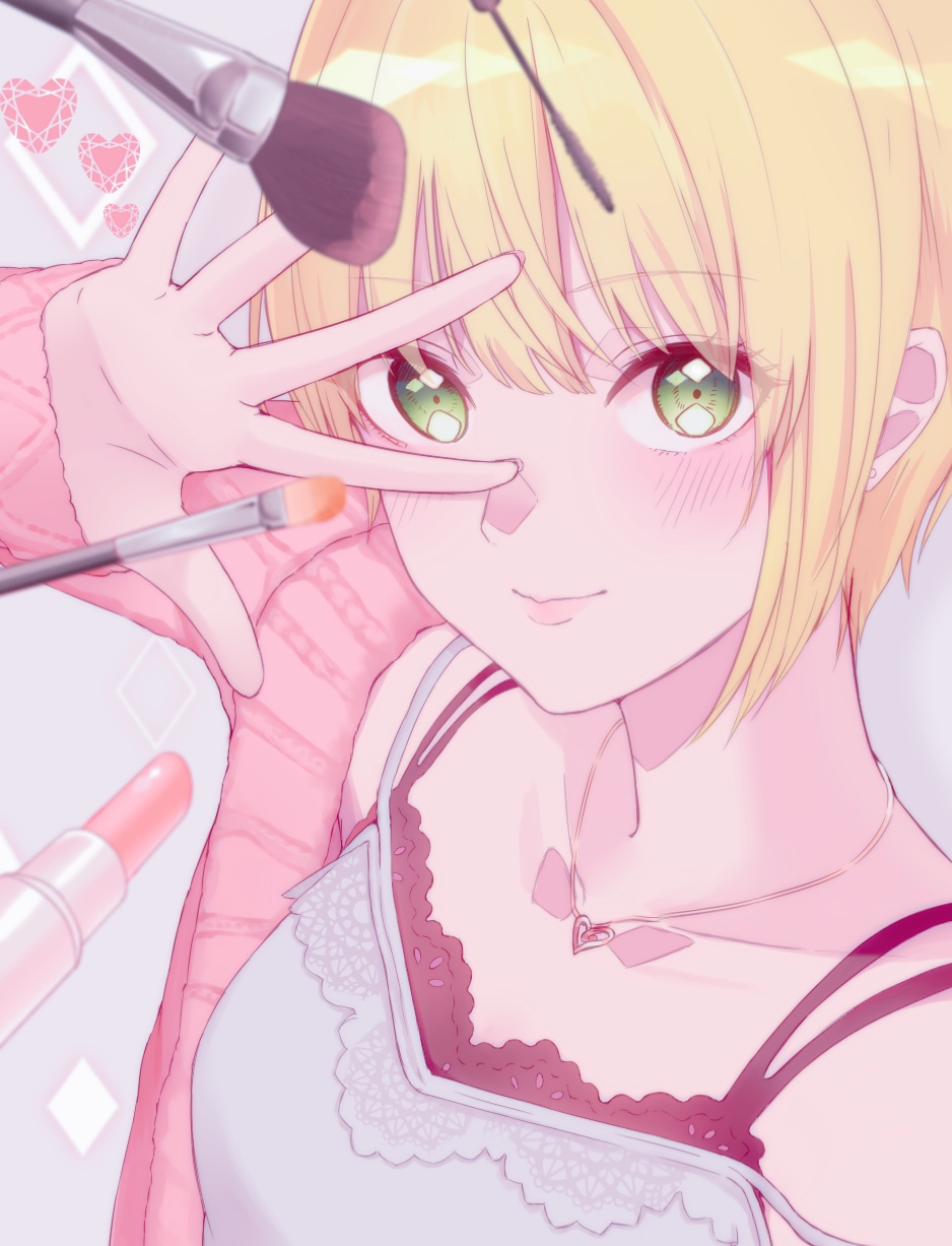1st-mn, arm_up, black_bra, blonde_hair, blush, bra, camisole, closed_mouth