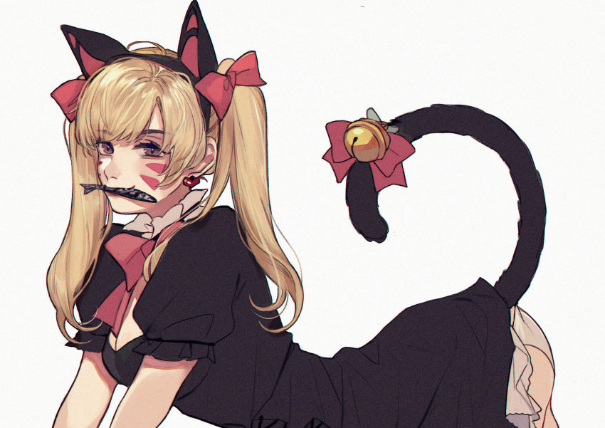 1girl, all_fours, animal_ears, bell, black_cat_d.va, black_dress, blonde_hair, bow, bowtie, breasts, cat_ears, cat_tail, d.va_(overwatch), dress, extra_ears, ez_1011, facial_mark, fang, fang_out, female_focus, fish, from_side, grey_background, hair_bow, hairband, highres, jingle_bell, large_breasts, lifted_by_tail, long_hair, looking_at_viewer, mouth_hold, official_alternate_costume, overwatch, overwatch_1, panties, puffy_short_sleeves, puffy_sleeves, purple_eyes, red_bow, red_bowtie, short_sleeves, simple_background, slit_pupils, smile, solo, tail, tail_bell, tail_bow, tail_ornament, twintails, underwear, whisker_markings, white_panties