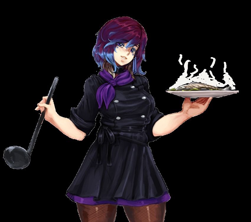 1girl, barbariank, black_desert, blue_eyes, blue_hair, chef, cooking, earrings