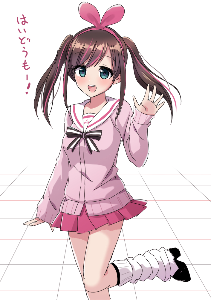 1girl, :d, alternate_hairstyle, arm_at_side, black_shoes, blue_eyes, blush, brown_hair