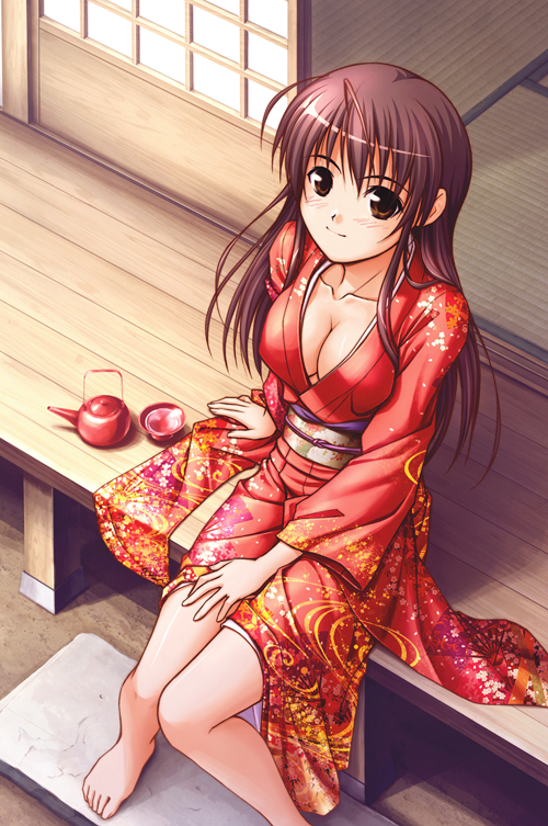 1girl, barefoot, breasts, brown_eyes, brown_hair, cleavage, female_focus, japanese_clothes