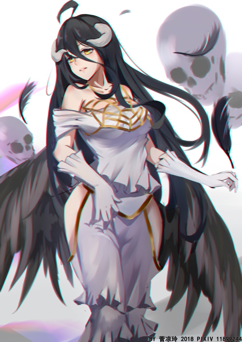 1girl, absurdres, albedo_(overlord), bare_shoulders, black_hair, black_wings, breasts, demon_girl