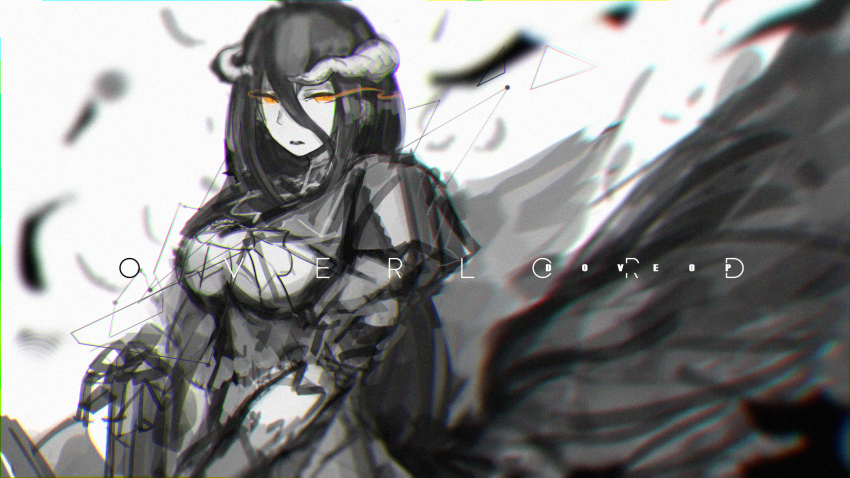 1girl, albedo_(overlord), bare_shoulders, black_dress, black_gloves, black_hair, black_wings, breasts