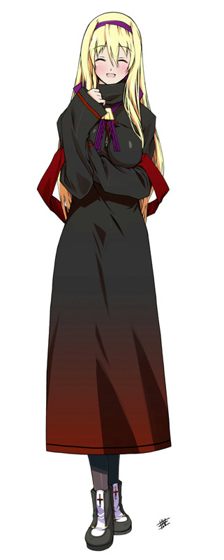 00s, 1girl, blonde_hair, boots, carim_gracia, closed_eyes, coat, cross