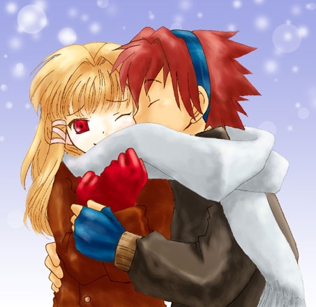 1boy, 1girl, blonde_hair, boku_to_maou, jacket, lowres, princess_marlene, red_hair