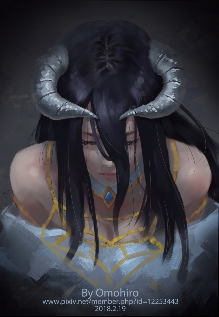 1girl, albedo_(overlord), bare_shoulders, black_hair, demon_girl, demon_horns, dress, female_focus, from_above, hair_between_eyes, highres, horns, jewelry, long_hair, necklace, omohiro, overlord_(maruyama), solo, very_long_hair, yellow_eyes