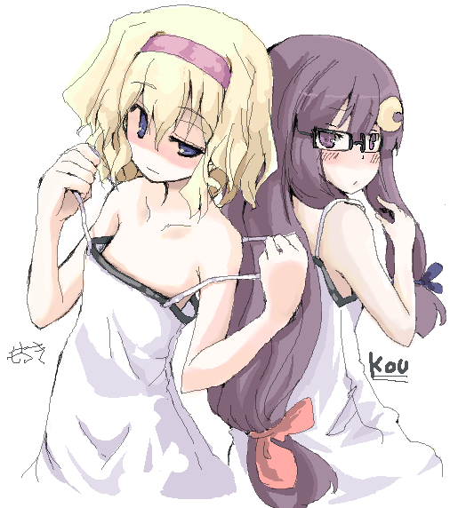 2girls, alice_margatroid, alternate_costume, artist_collaboration, bespectacled, blonde_hair, blue_eyes, crescent
