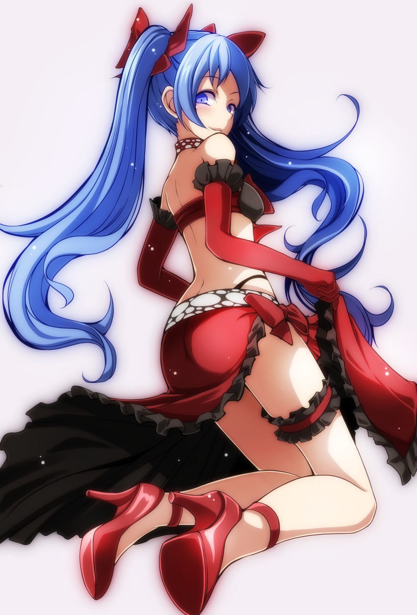 1girl, absurdres, black_bra, black_panties, blue_eyes, blue_hair, bow, bra