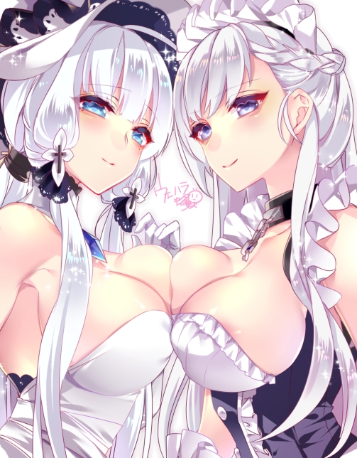 2girls, apron, azur_lane, bad_id, bad_pixiv_id, bare_shoulders, belfast_(azur_lane), braid, breast_press, breasts, chain, cleavage, closed_mouth, collar, collarbone, commentary_request, corset, dress, elbow_gloves, frilled_apron, frills, gloves, half_up_braid, hat, illustrious_(azur_lane), large_breasts, looking_at_viewer, low_ponytail, low_twintails, maid, maid_apron, maid_headdress, mole, mole_under_eye, multiple_girls, ponytail, silver_hair, smile, sun_hat, symmetrical_docking, twintails, uehara_hachi, white_apron, white_dress, white_gloves, white_hat