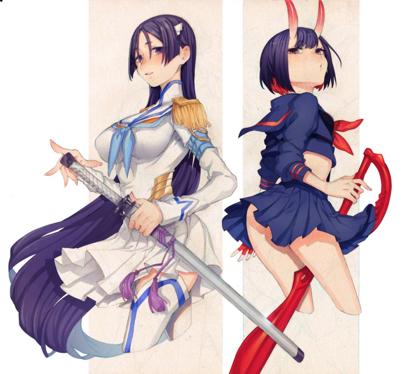 2girls, bakuzan, black_hair, cosplay, cowboy_shot, cropped_legs, crossover, fate/grand_order
