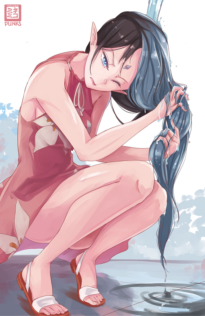 1girl, artist_name, bare_shoulders, black_hair, blue_eyes, closed_mouth, convenient_leg, dress