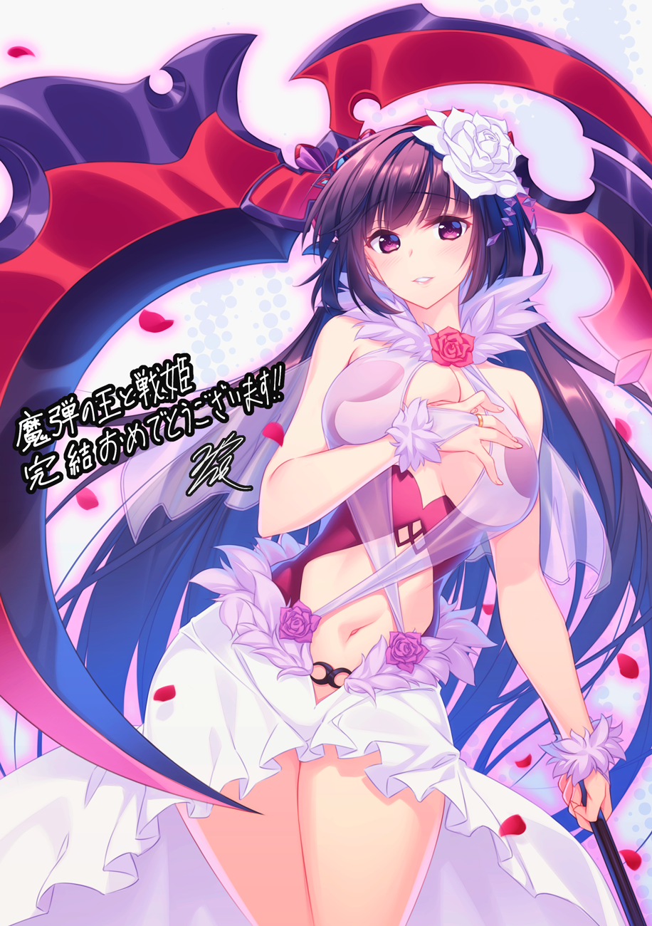 1girl, black_hair, breasts, cleavage, commentary_request, female_focus, flower, hair_flower