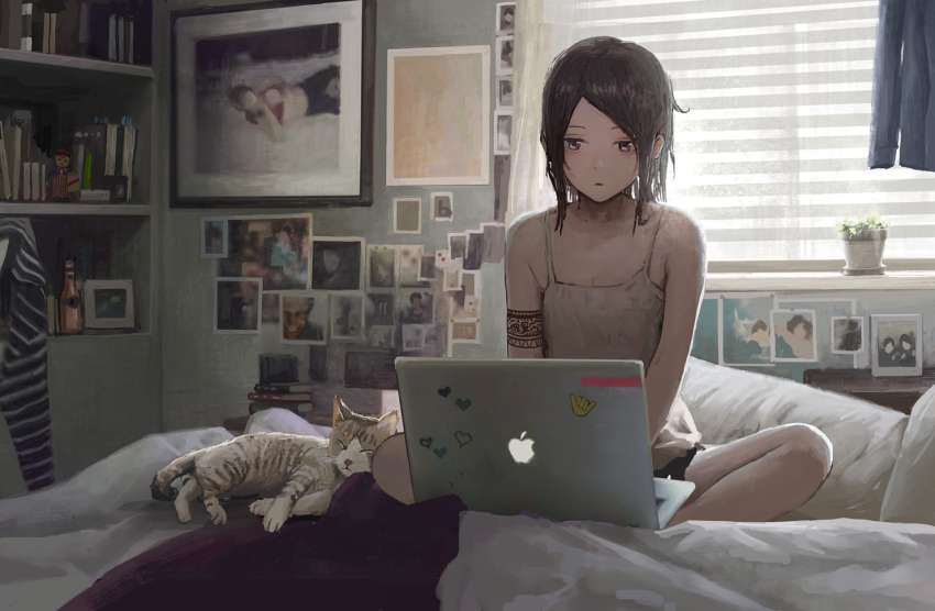 1girl, animal, aphex_twin, at_computer, bad_id, bad_pixiv_id, bed, bedroom