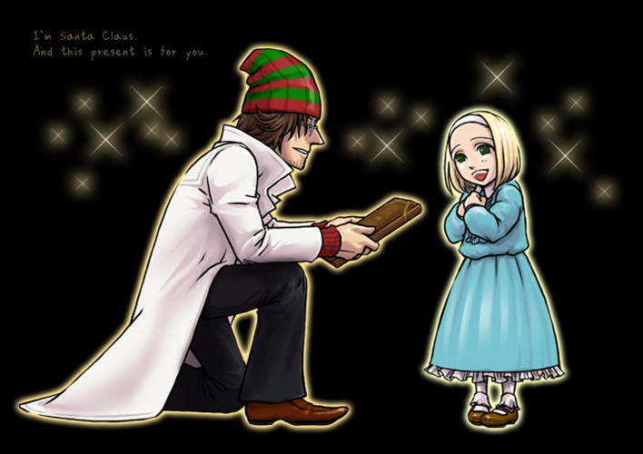 asato_(artist), blonde_hair, brown_hair, cecilia_(folkssoul), child, folkssoul, gift, glasses