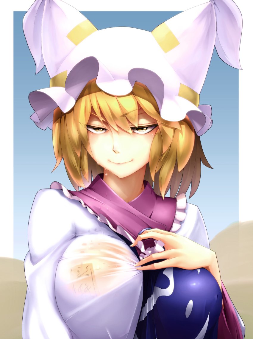 1girl, animal_hat, blonde_hair, breasts, color_drain, commentary_request, female_focus, hat