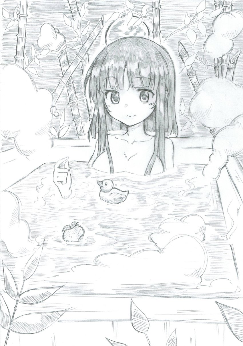 1girl, bamboo, bamboo_forest, bath, bathing, bathtub, breasts, bubble_bath, closed_mouth, collarbone, commentary_request, female_focus, forest, graphite_(medium), greyscale, highres, houraisan_kaguya, large_breasts, mahiro_(akino-suisen), medium_hair, monochrome, moon, nature, nude, one-hour_drawing_challenge, rubber_duck, sidelocks, smile, soap_bubbles, solo, touhou, toy, traditional_media, upper_body