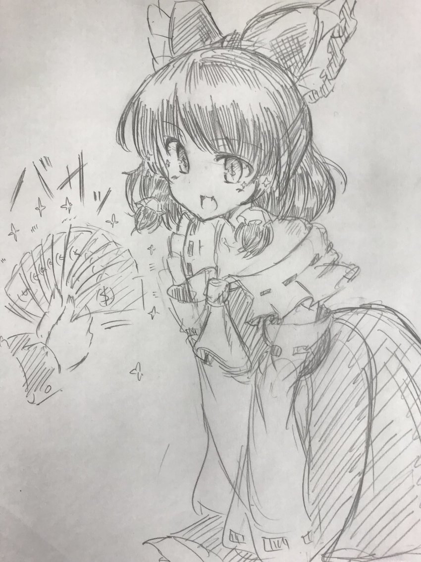 1girl, :d, ascot, blouse, bow, cuff_links, detached_sleeves, dollar_sign