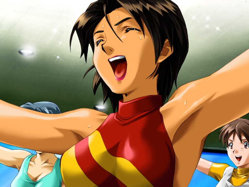 3girls, armpits, brown_hair, exercising, closed_eyes, game_cg, leotard, multiple_girls