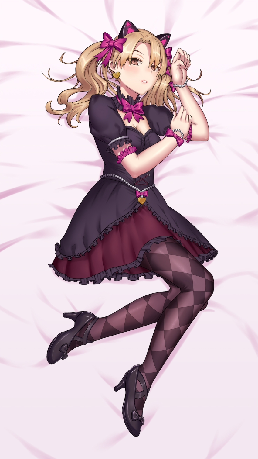 1girl, absurdres, animal_ears, argyle_clothes, argyle_pantyhose, bead_bracelet, beads, bed_sheet, black_cat_d.va, black_dress, black_shoes, blonde_hair, bow, bowtie, bracelet, breasts, brown_eyes, cat_ears, checkered_clothes, checkered_legwear, cleavage, d.va_(overwatch), dakimakura_(medium), dress, earrings, female_focus, frilled_dress, frilled_skirt, frills, full_body, heart, heart_earrings, highres, jewelry, kokoala, lolita_fashion, looking_at_viewer, official_alternate_costume, overwatch, overwatch_1, pantyhose, parted_lips, pink_background, pink_bow, puffy_short_sleeves, puffy_sleeves, purple_pantyhose, purple_skirt, shoes, short_sleeves, skirt, small_breasts, smile, solo, twintails