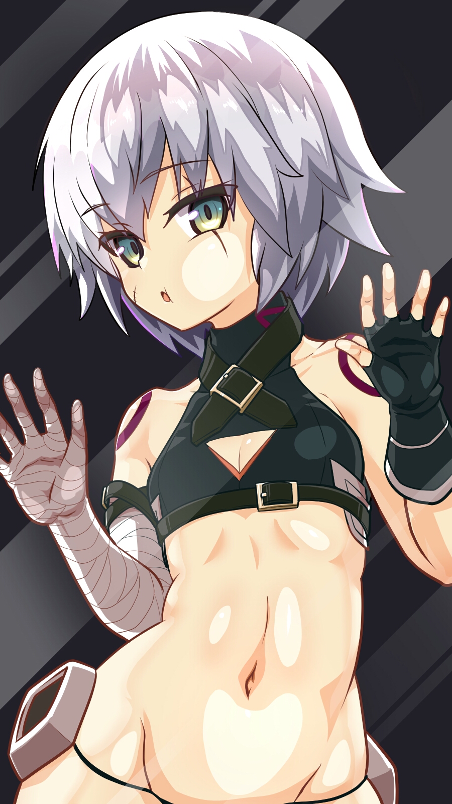 1girl, against_fourth_wall, against_glass, arm_belt, bandaged_arm, bandages, black_panties, blush, breasts, cheek_squash, facial_scar, fate/apocrypha, fate/grand_order, fate_(series), female_focus, glass, green_eyes, highres, jack_the_ripper_(fate/apocrypha), looking_at_viewer, navel, open_mouth, panties, robisonjr, scar, scar_across_eye, scar_on_cheek, scar_on_face, short_hair, shoulder_tattoo, silver_hair, small_breasts, solo, tattoo, underwear