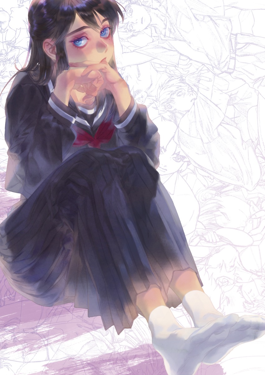 1girl, bad_id, bad_pixiv_id, black_hair, blue_eyes, head_rest, feet, hei_hwan