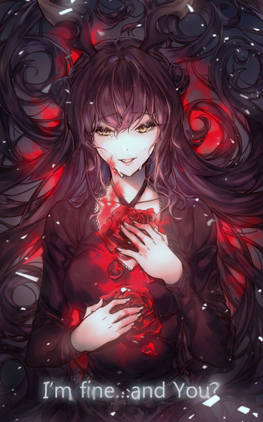 1girl, absurdres, antlers, blood, bloody_rose, brown_dress, brown_hair, collarbone, commentary, crying, crying_with_eyes_open, double_bun, dress, english_text, flower, hair_bun, hands_on_own_chest, highres, horns, jewelry, laejjo, long_hair, long_sleeves, messy_hair, necklace, original, petals, rose, slit_pupils, tears, very_long_hair, yellow_eyes