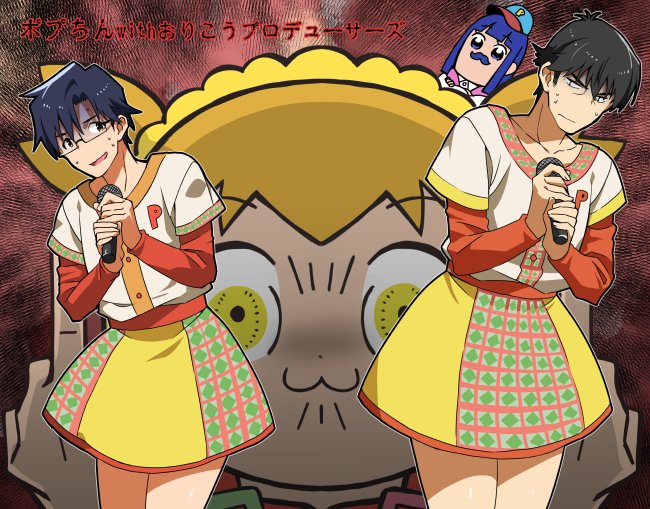 10s, 2boys, 2girls, akabane_kenji, bkub_(style), black_hair, blue_hair, crossdressing