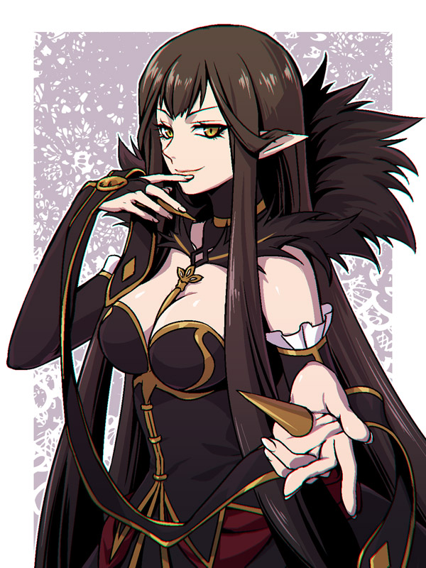 1girl, between_breasts, black_dress, black_hair, breasts, bridal_gauntlets, choker, cleavage