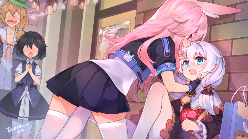 1boy, 3girls, animal_ears, artist_name, bag, black_dress, black_hair, black_jacket, black_skirt, blue_eyes, blush, box, breasts, brick_wall, commentary_request, dated, dress, fox_ears, gift, gift_box, grabbing_another's_chin, green_hat, hair_between_eyes, hand_on_another's_chin, hat, heart-shaped_box, highres, holding, holding_gift, honkai_(series), honkai_impact_3rd, jacket, light_brown_hair, light_bulb, long_hair, long_sleeves, medium_breasts, multiple_girls, nose_blush, open_mouth, otto_apocalypse, pantyhose, pink_hair, pleated_skirt, profile, puffy_short_sleeves, puffy_sleeves, purple_eyes, purple_vest, rabbit_ears, saliva, seele_vollerei, seele_vollerei_(azure_memories), seele_vollerei_(swallowtail_phantasm), shirt, shopping_bag, short_hair, short_sleeves, silver_hair, skirt, small_breasts, theresa_apocalypse, theresa_apocalypse_(valkyrie_pledge), thighhighs, tsubasa_tsubasa, very_long_hair, vest, white_legwear, white_shirt, yae_sakura, yae_sakura_(goushinnso_memento), yuri