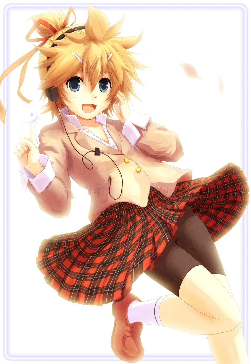 1boy, :d, bad_id, bike_shorts, blonde_hair, blue_eyes, crossdressing, crossdressing_(mtf), hair_ornament, hair_ribbon, hairclip, headphones, highres, hirobakar, index_finger_raised, kagamine_len, looking_at_viewer, male_focus, open_mouth, plaid_clothes, plaid_skirt, pleated_skirt, red_shoes, ribbon, shoes, skirt, smile, socks, solo, trap, vocaloid, white_socks