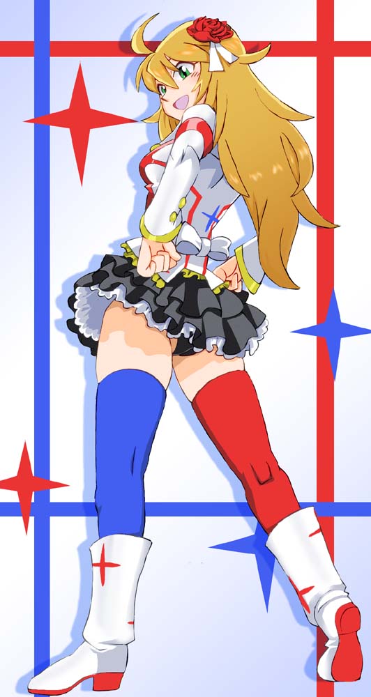 1girl, ass, black_panties, blonde_hair, blush, breasts, commentary_request, female_focus