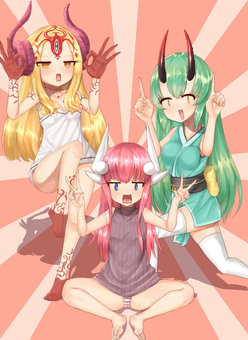 3girls, absurdres, alternate_costume, bad_id, bad_pixiv_id, barefoot, blonde_hair, breasts