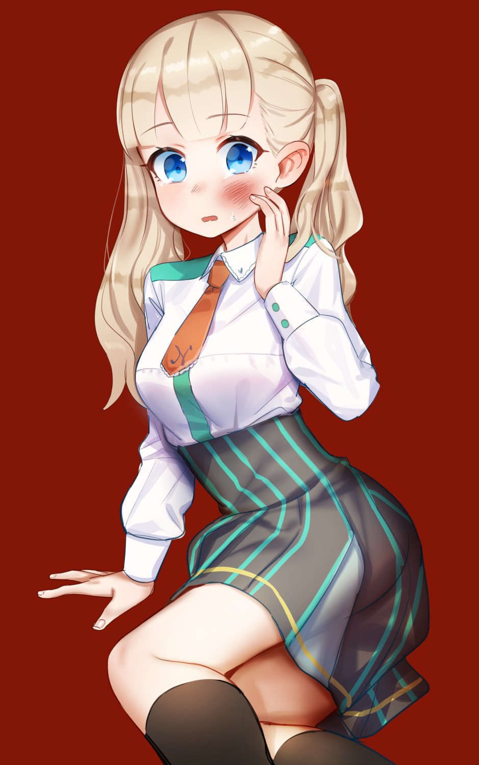 1girl, arisa_eloise_beau-regard, bad_id, bad_twitter_id, black_skirt, black_socks, blonde_hair, blue_eyes, blunt_bangs, breasts, bruise, bruise_on_face, commentary_request, feet_out_of_frame, female_focus, hand_up, high-waist_skirt, highres, inactive_account, injury, long_hair, long_sleeves, looking_at_viewer, medium_breasts, necktie, orange_necktie, parted_lips, raramagi, red_background, shamonabe, shirt, simple_background, skirt, socks, solo, striped_clothes, striped_skirt, tears, twintails, vertical_stripes, white_shirt, wide-eyed, wing_collar