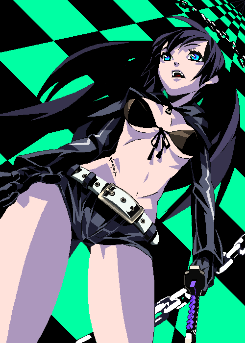 10s, 1girl, belt, bikini, bikini_top_only, black_hair, black_rock_shooter, black_rock_shooter_(character), blue_eyes, chain, female_focus, gloves, hood, hoodie, kuroameman, midriff, oekaki, scar, short_shorts, shorts, solo, swimsuit, twintails