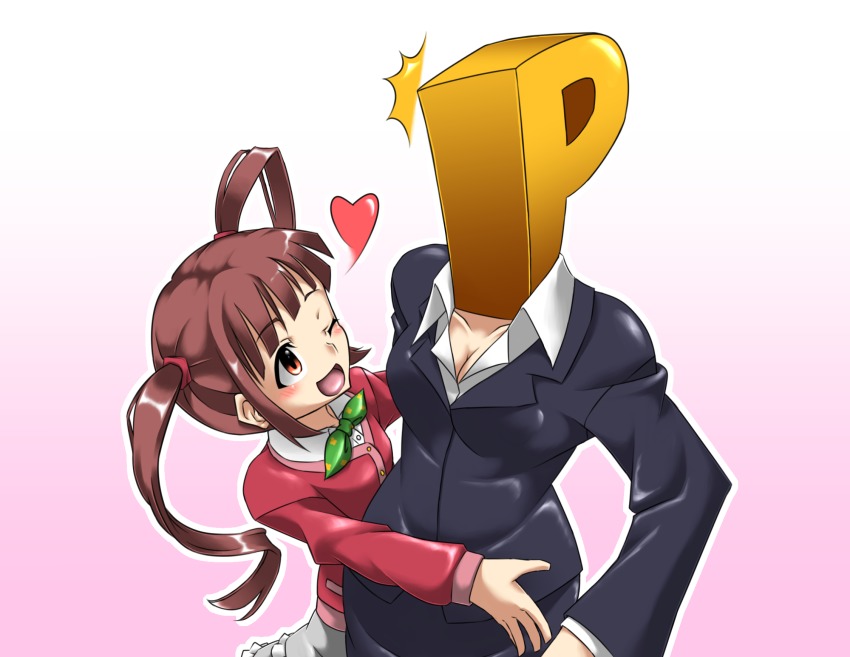 2girls, ;d, ^^^, brown_eyes, brown_hair, formal_clothes, gradient_background, heart, highres, hirayama_tsuya, idolmaster, idolmaster_million_live!, jacket, long_hair, matsuda_arisa, multiple_girls, one_eye_closed, open_mouth, p-head_producer, pencil_skirt, pink_background, producer_(idolmaster), simple_background, skirt, skirt_suit, smile, suit, suit_jacket, twintails, upper_body