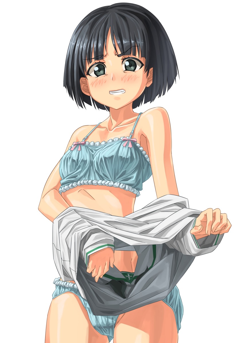 10s, 1girl, absurdres, black_eyes, black_hair, blouse, blue_bra, blue_panties