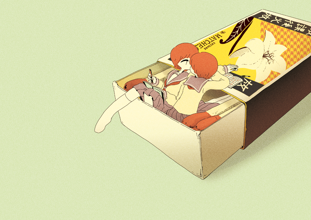 2girls, book, box, chisuke, eraser, flower, in_box, in_container