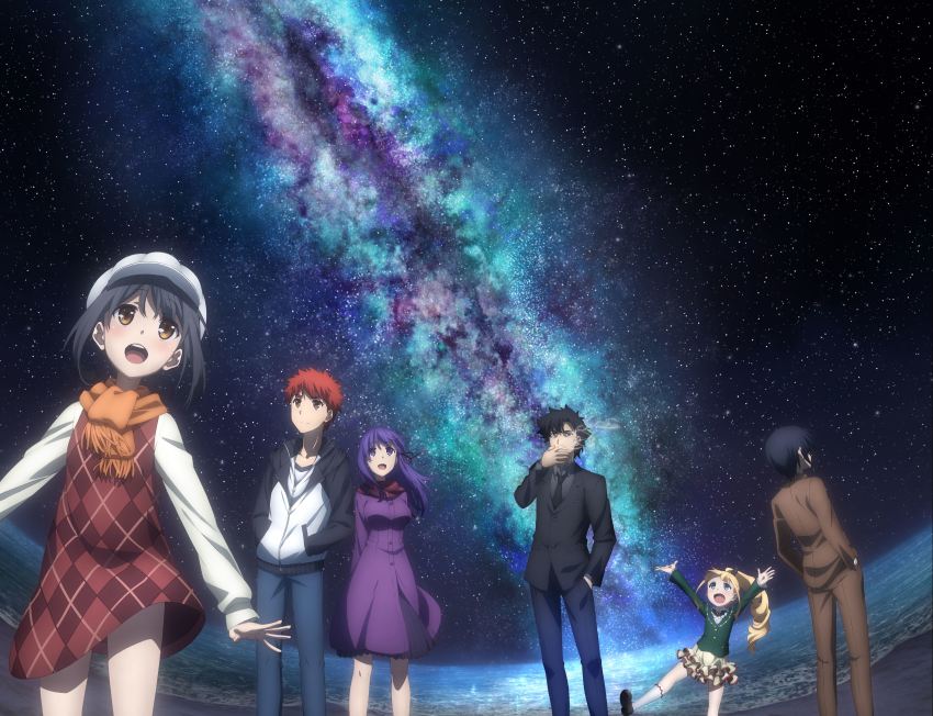 3boys, 3girls, absurdres, arms_behind_back, arms_up, black_hair, black_jacket, black_shirt