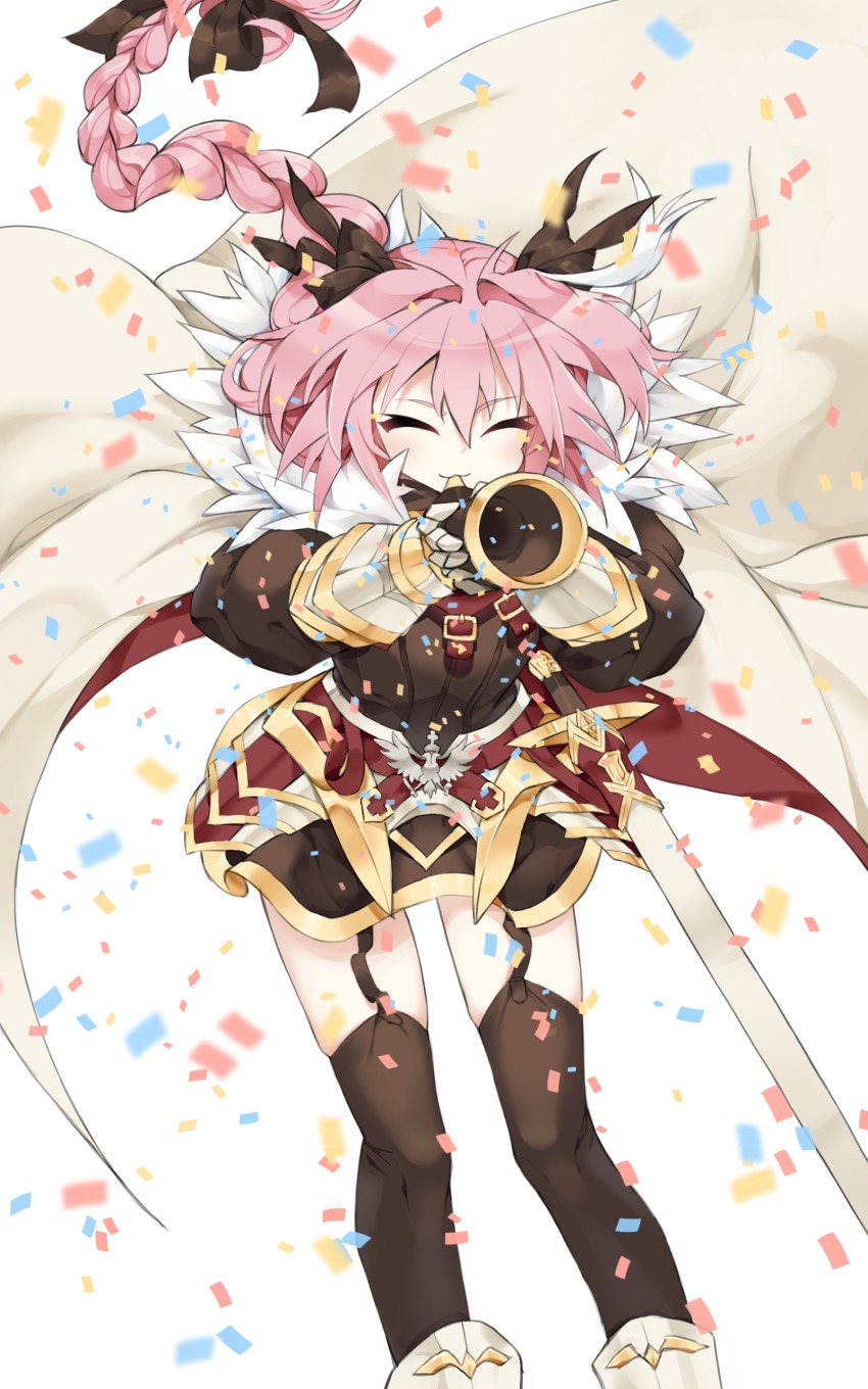 1boy, :3, absurdres, astolfo_(fate), astolfo_(rider)_(fate), aweto, black_bow, black_ribbon, bow, braid, closed_eyes, fate/apocrypha, fate/grand_order, fate_(series), garter_straps, hair_intakes, hair_ribbon, highres, long_braid, male_focus, multicolored_hair, pink_hair, ribbon, single_braid, smile, streaked_hair, trap, vest, waistcoat