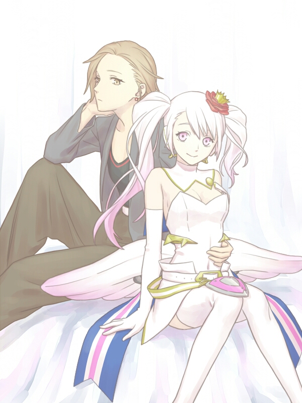 2girls, asymmetrical_bangs, brown_eyes, brown_hair, caligula_(game), caligula_(series), earrings, expressionless