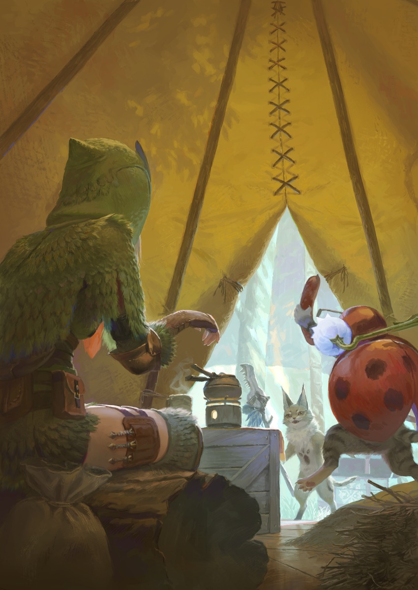 1girl, boots, crate, facing_away, felyne, from_behind, grimalkyne, highres, holding, hood, hood_up, indoors, knee_boots, log, long_sleeves, monster_hunter:_world, monster_hunter_(series), pouch, pukei-pukei_(armor), sack, sitting, snow, standing, tent, tunapon01