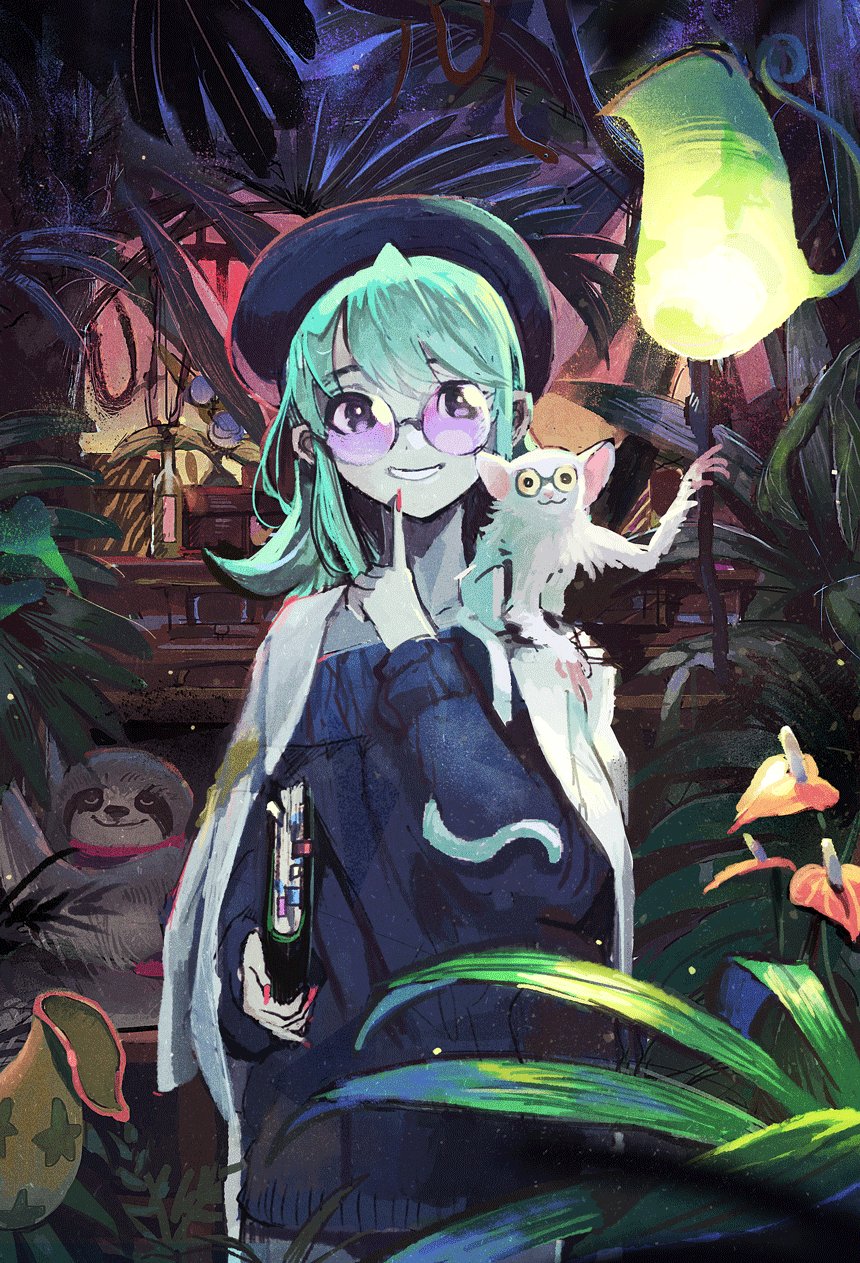 1girl, :d, aye-aye, bayashiko, blue_sweater, book, commentary_request, finger_to_mouth, fingernails, forest, glasses, green_hair, highres, holding, holding_book, index_finger_raised, jacket, jacket_on_shoulders, long_hair, long_sleeves, looking_at_viewer, nail_polish, nature, open_mouth, original, parted_lips, pitcher_plant, plant, purple-tinted_eyewear, purple_glasses, red_nails, shushing, sloth_(animal), smile, standing, sweater, tinted_eyewear, tree