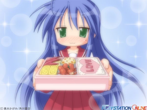 00s, 1girl, :3, ahoge, bento, blue_hair, blush, female_focus