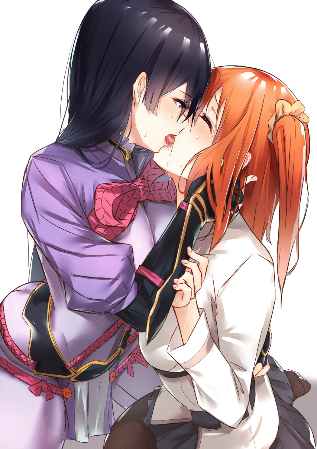 2girls, black_gloves, black_hair, black_pantyhose, black_skirt, blue_eyes, blush, borushichi
