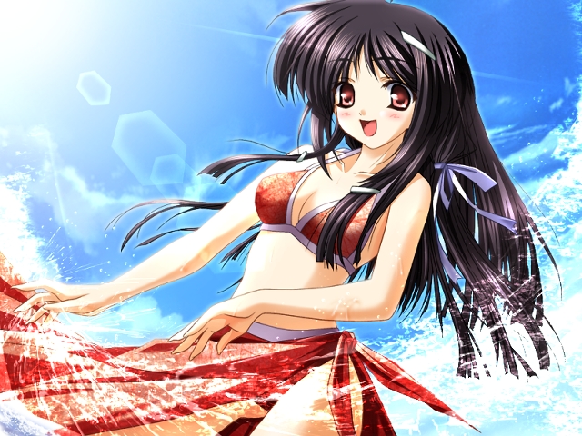 1girl, ariga_mikoto, bikini, black_hair, day, female_focus, game_cg, long_hair