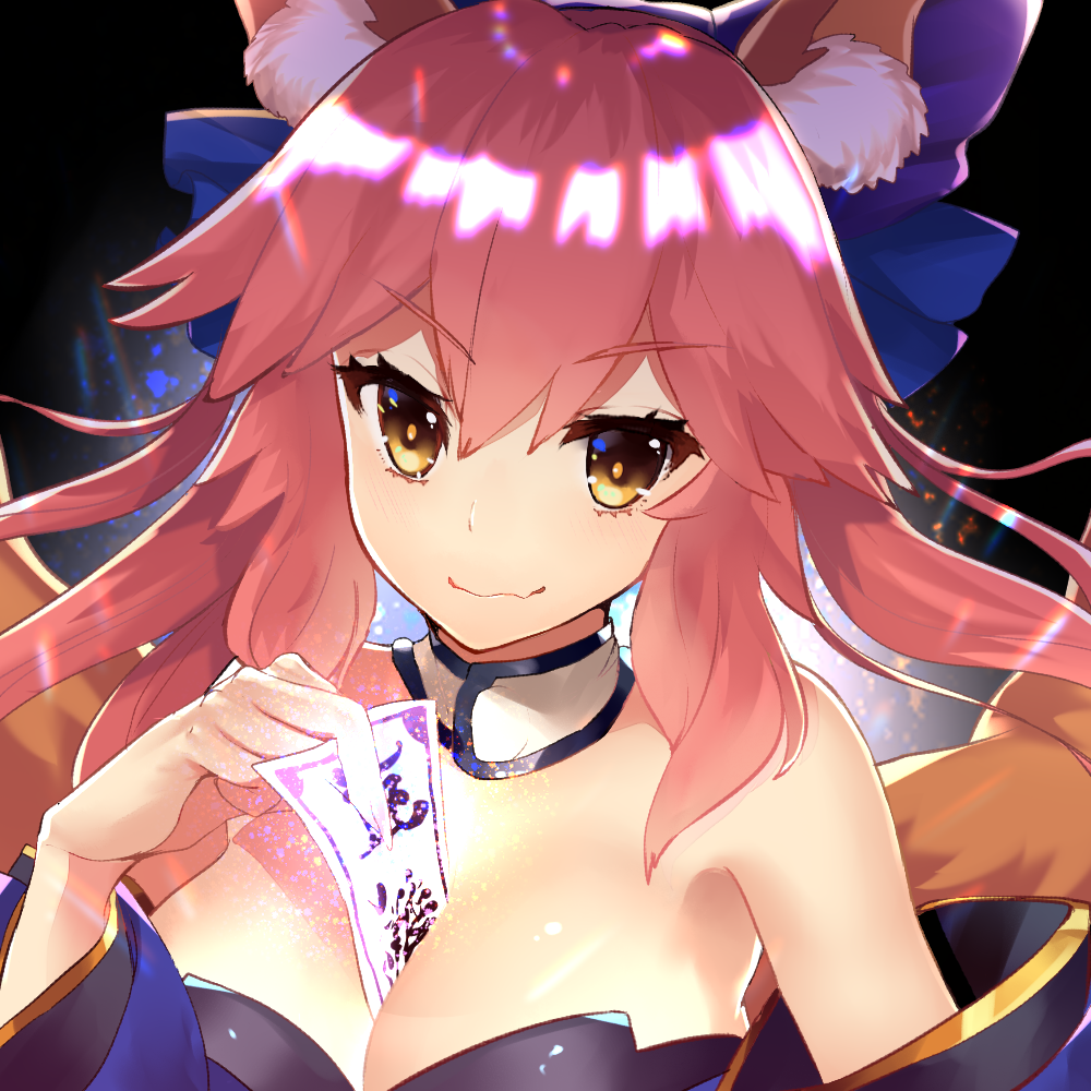 10s, 1girl, animal_ears, between_breasts, breasts, cleavage, detached_sleeves, fate/extra