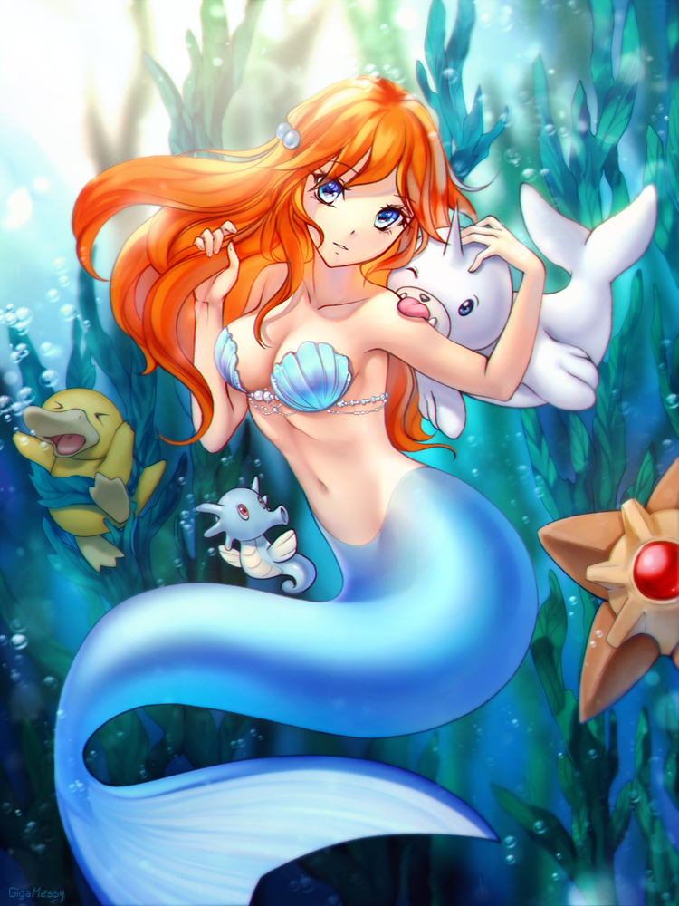 1girl, alternate_costume, animalization, bikini, blue_eyes, breasts, cleavage, dewgong