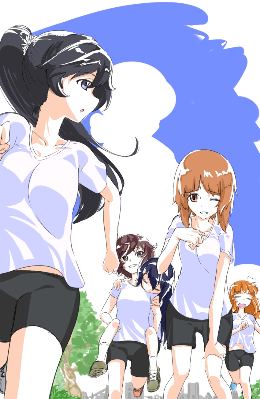 10s, 5girls, akiyama_yukari, alternate_hairstyle, bike_shorts, black_eyes, black_hair, black_shorts