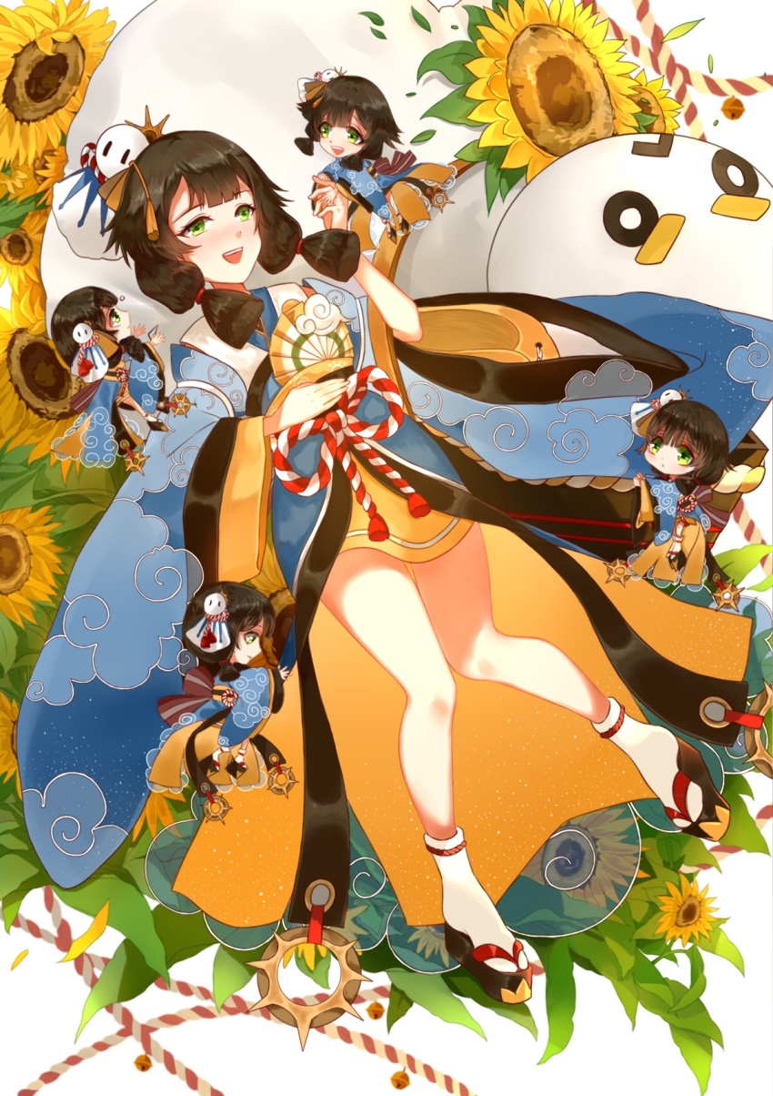 1girl, bell, brown_hair, chibi, female_focus, flower, green_eyes, highres, hiyoribo_(onmyoji), japanese_clothes, leaf, long_hair, low_twintails, onmyoji, open_mouth, sandals, solo, sunflower, teeth, teruterubouzu, twintails