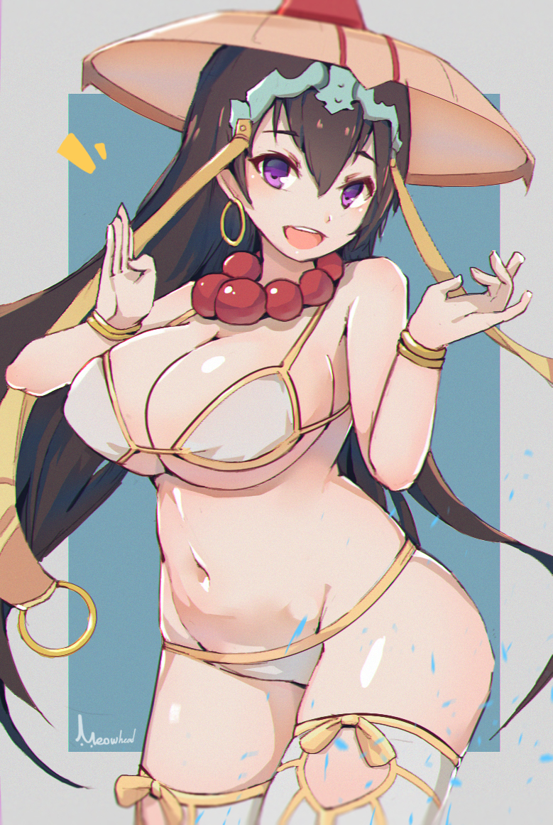 1girl, beads, bikini, bikini_top_only, blue_background, blue_eyes, breasts, brown_hair